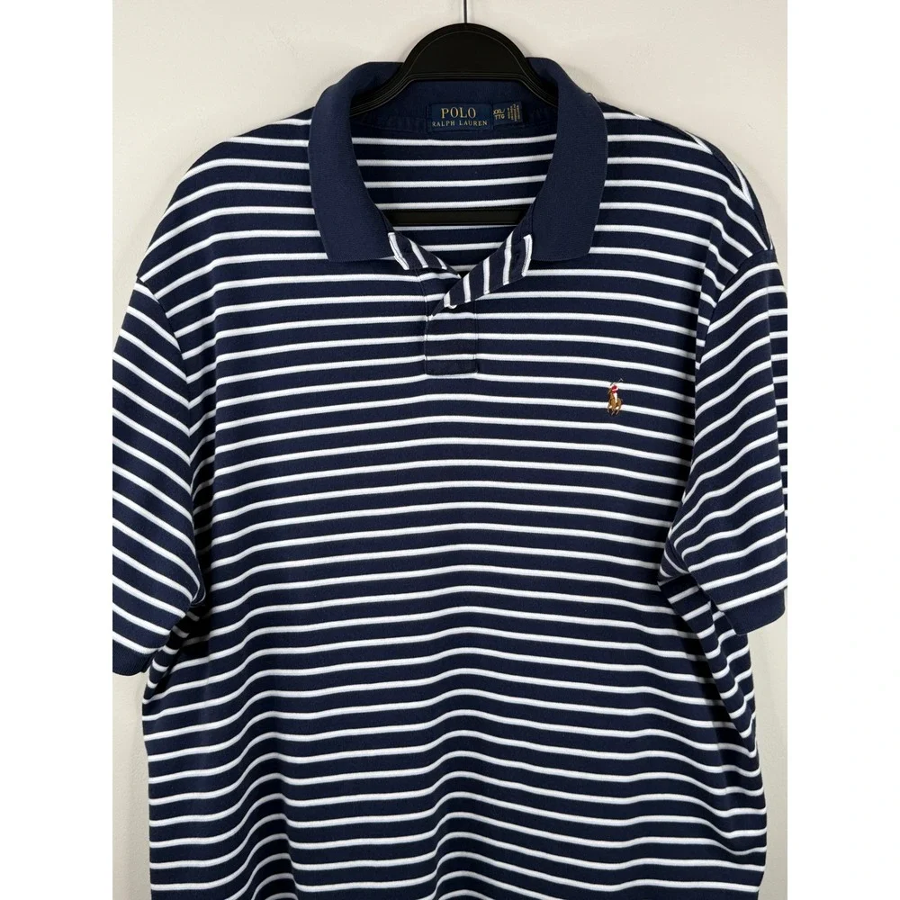 Polo Ralph Lauren Mens XXL Striped Short Sleeve Polo Navy Blue White 100% Cotton